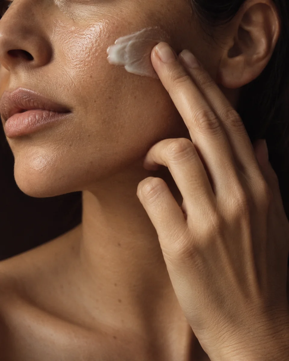 Un gesto delicato di applicazione della crema sulla pelle